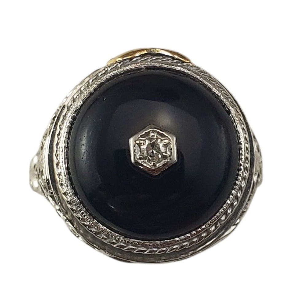 14 Karat White Gold Onyx and Diamond Ring Size 6.5 #22532